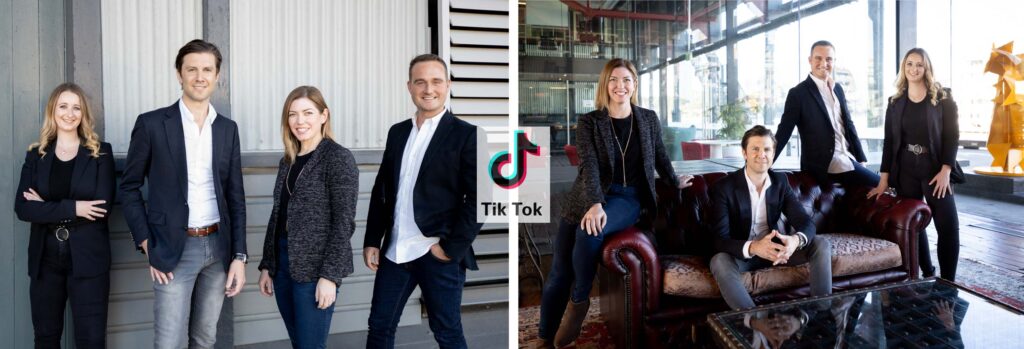 Professional group portraits of a business team, including men and women dressed in smart casual attire, standing and seated in contemporary settings. Captured by Hero Shot Photography, showcasing teamwork, confidence, and professionalism with TikTok branding.