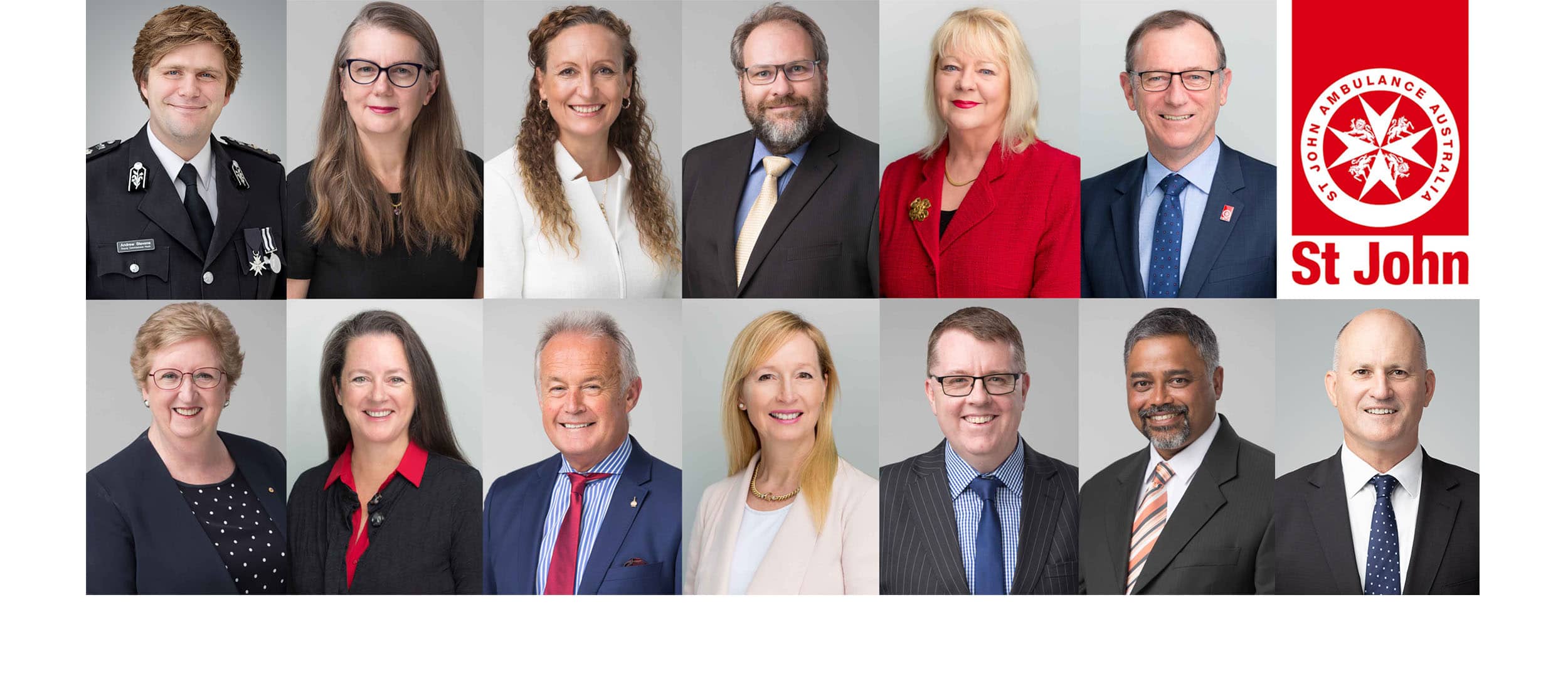 Collage of professional headshots featuring the leadership team of St John Ambulance Australia, dressed in formal attire, posed against a clean gray background. Captured by Hero Shot Photography, showcasing professionalism, diversity, and unity.