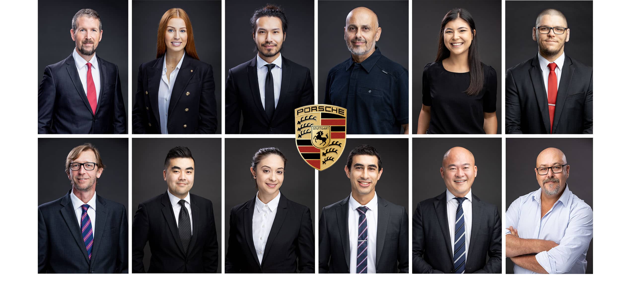 Collage of professional headshots featuring the Porsche team in formal attire, posed against a dark background, showcasing diversity and professionalism. Captured by Hero Shot Photography, highlighting corporate excellence and individuality.