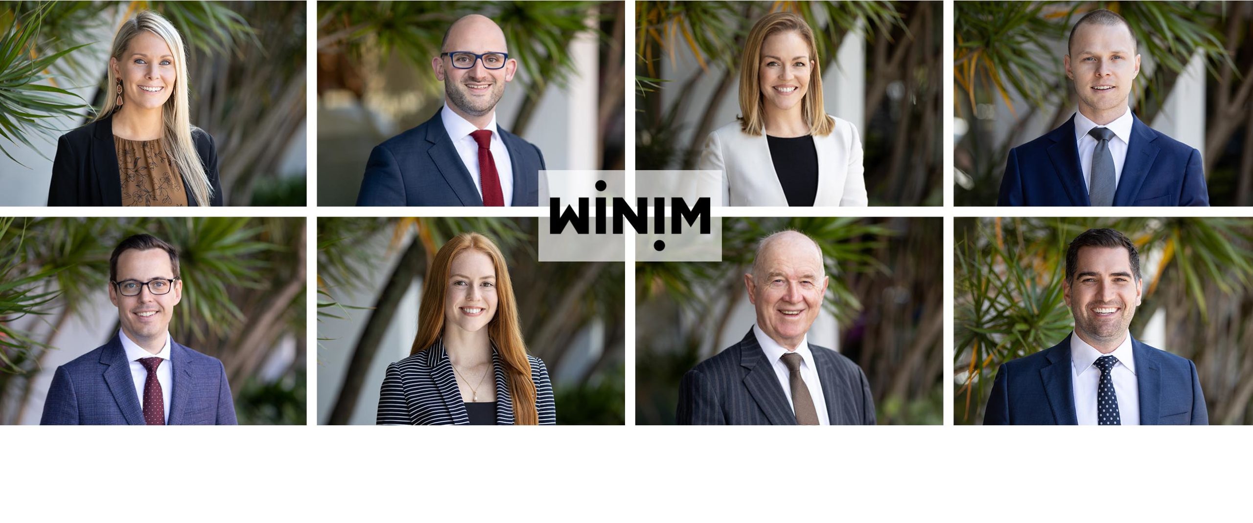 Collage of professional headshots featuring the WINIM team, with members dressed in business attire against a natural backdrop of greenery. Captured by Hero Shot Photography, showcasing confidence, professionalism, and unity for corporate branding.